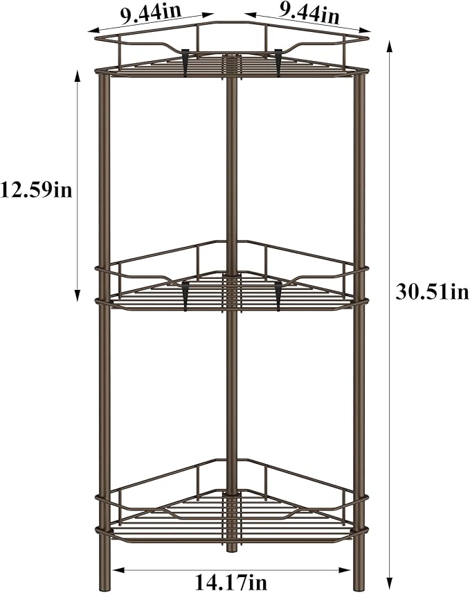 HuggieGems Metal Floor Standing Corner Shower Caddy, Bronze, 3 Tier | Adhesive Bathroom Organizer Shelves, Free Standing Shower Rack with Hooks, Hold Large Shampoo Bottles