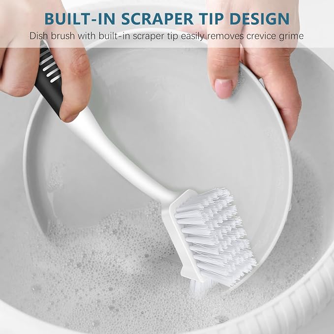 SetSail Dish Brush Set of 3 with Bottle Brush, Dish Scrub Brush with Long Handle Deep Cleaning Handle Brush with Scraper Tip for Kitchen Sink Dishes Bottle Cup Pot and Pans Tile Lines, Black | Built-In Scraper Tip, Non-Slip Rubber Handle, Pet Stiff Bri...