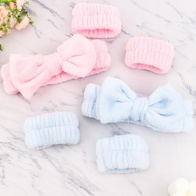 WHAVEL 6PCS Spa Headband and Wristbands Set, Face Wash Headband Wrist Bands for Washing Face Skincare Makeup Hair Band Skin Care Accessories Tools,Blue&Pink
