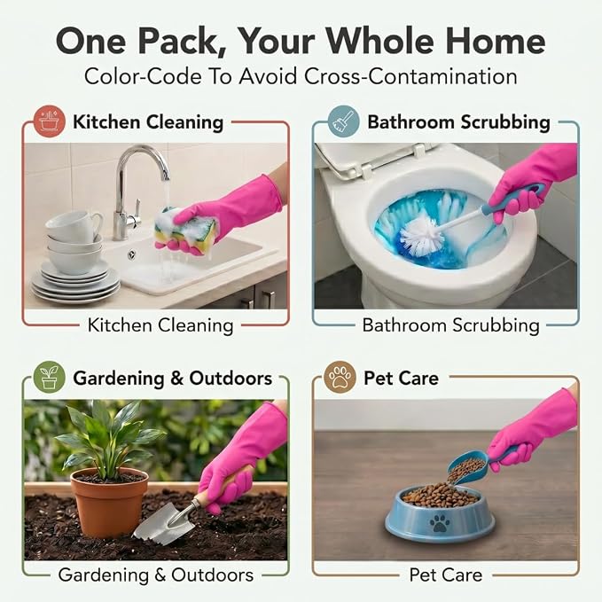 ForPro Natural Rubber Gloves, 6 Pairs Reusable Multi-Purpose Household Cleaning Gloves with Soft Inner Lining, Waterproof & Chemical-Resistant, Cotton Candy, Medium