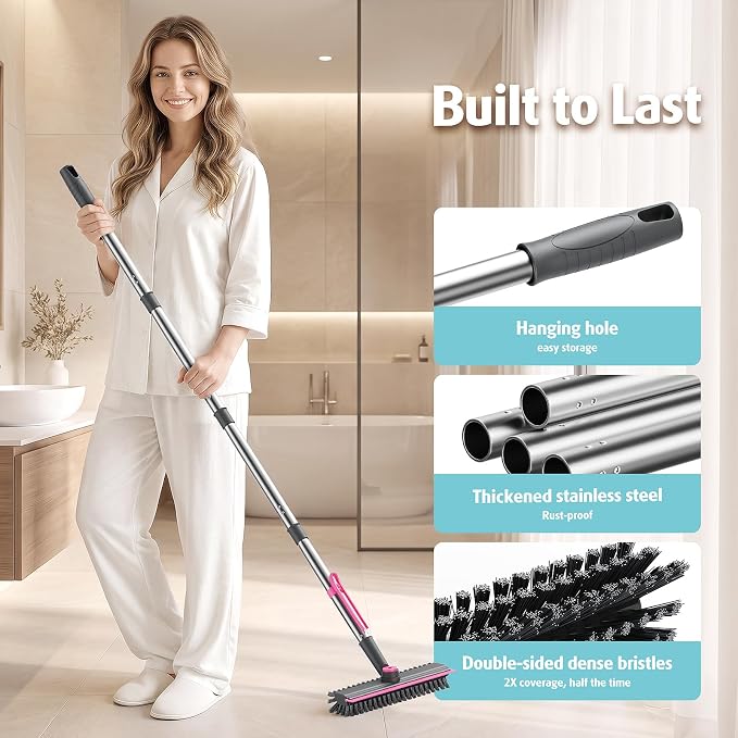AIR U+ Floor Scrub Brush with Long Handle, 4 in 1 Floor Scrubber & Squeegee | Small Scrubber with Stiff Dual-Sided Bristles and Rotating Head for Shower, Bathroom, Bathtub, Kitchen and Patio, Pink