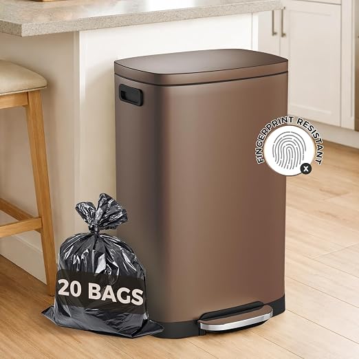 ELPHECO Kitchen Trash Can with Lid 13 Gal Stainless Steel Pedal Garbage Can | Soft Close Lid, Pedal, Heavy-Duty Fingerprint Proof Step Wastebasket with 20 Bags, Removable Bucket, Home Office, Brown