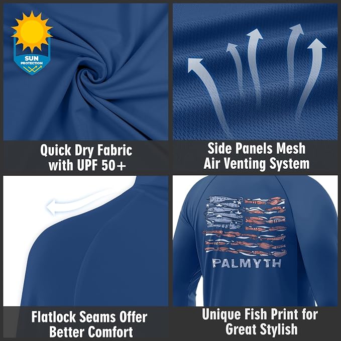 Palmyth Men's Fishing Hoodie UPF 50+ Long Sleeve with Face Mask Neck Gaiter | Zipper Pocket, Thumb Loops, Quick-Dry, Side Mesh Panels, Lens Cleaning Cloth