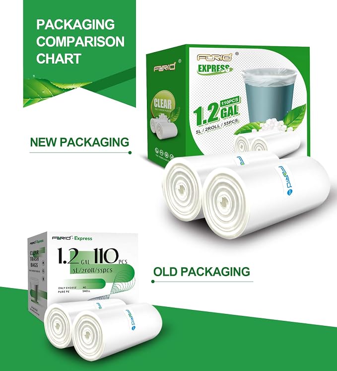 FORID Small Clear Trash Bags, 1.2 Gallon Tiny Garbage Bags, 110 Count Wastebasket Bin Liners for Bathroom Bedroom Office Garbage Can 5 Liters - Thick & Durable Trash Bag