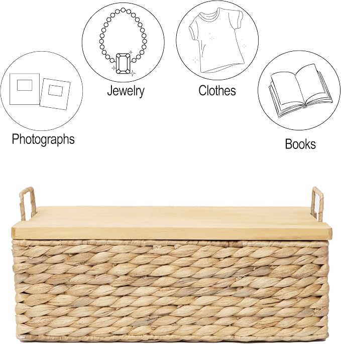 Handmade Water Hyacinth Wicker Baskets with Wooden Lid (Small) | Rectangle Natural Woven Decorative Household Storage Organizer for Picnics,Countertops,Bathrooms,Kitchens,Pantries,Shelves