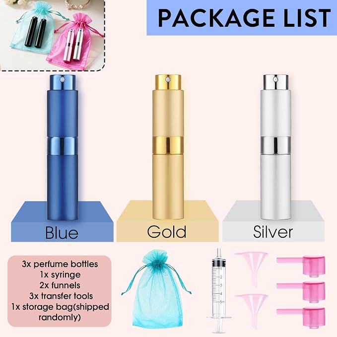 8ML Perfume Atomizer 3pcs Cologne Travel Spray Bottle (Gold, Silver, Blue) | Empty Cologne Dispenser, Portable Sprayer, Travel Essentials for Men and Women, Twist Type Refill, Small Bottles