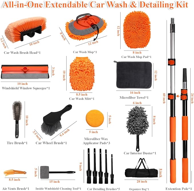 Complete Car Wash Kit with 60inch Heavy-Duty Extension Pole | Soft Car Wash Brush, Wheel & Tire Brush, Scratch-Free Car Mop Mitt & Window Squeegee for Car Exterior & Interior Cleaning