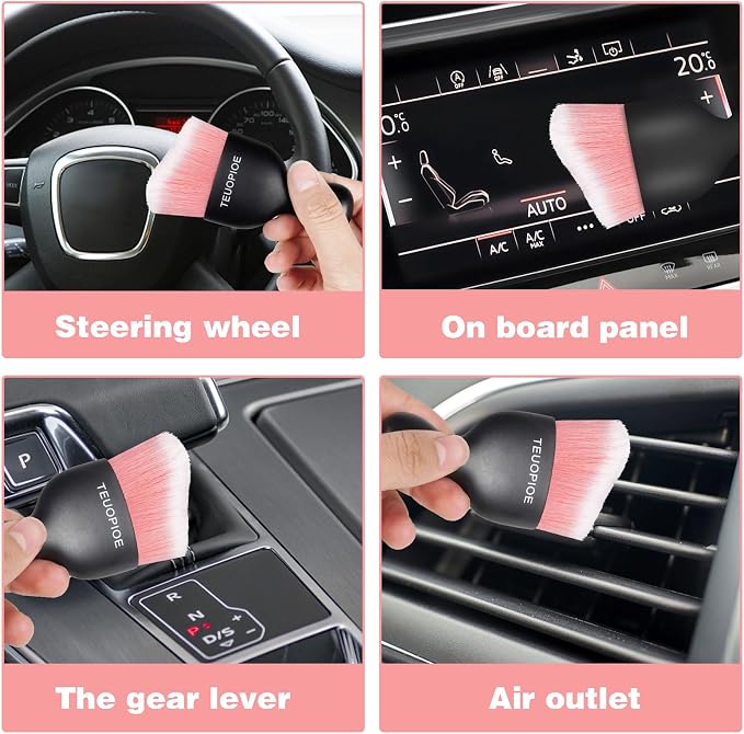 Car Detailing Brush for Interior Dusting and Air Vents,Pink White | Soft synthetic bristles clean dashboards, vents, and consoles. Lightweight PP handle is suitable for dry or wet use.