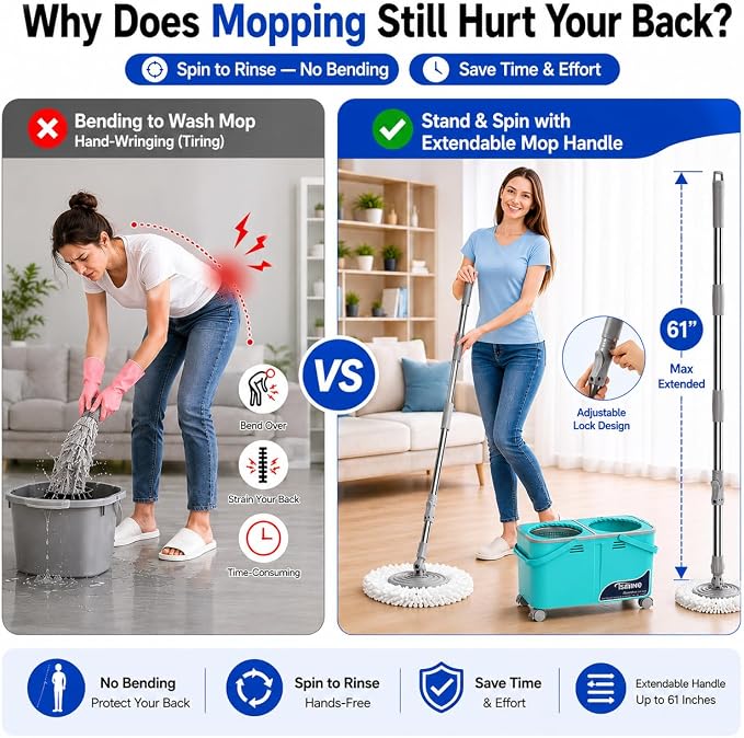 RinseWise Easy-Use Gen 2 Mop Bucket, Clean/Dirty Water Separation, 1 Heads | 1.5 Gal Clean-Water Capacity, Shower-Style Rinse, 4 Swivel Wheels, 61-Inch Handle, For Apartments, Hardwood & Tile Floors
