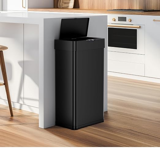 Sensor Trash Can, Touchless Motion Sensor Trash Bin | Smart Automatic Garbage Can with Soft-Close Lid, Bag Retainer Ring and Display Light, for Kitchen, Office (Black, 18.5 Gal)