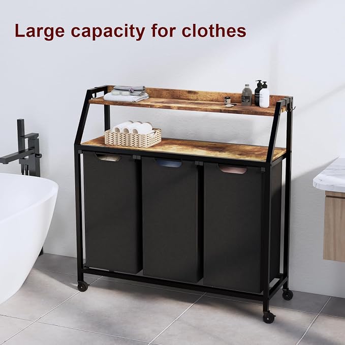 Laundry Hamper, Laundry Sorter 3 Section, Rolling Laundry Basket with Wheels, 2 Shelves, 3 × 14.5 Gal, Pull-Out and Removable Oxford Fabric Bags, for Laundry Room, Black and Rustic Brown