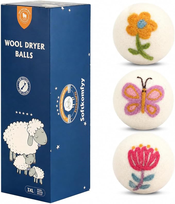 Wool Dryer Balls Handmade 3 Pack XL,Laundry Dryer Balls,100% New Zealand Wool Fabric Softener,Reusable 1000 Loads,Wrinkles Free, Shorten Drying Time,Baby Safe (3 Pack XL,Garden Friends)