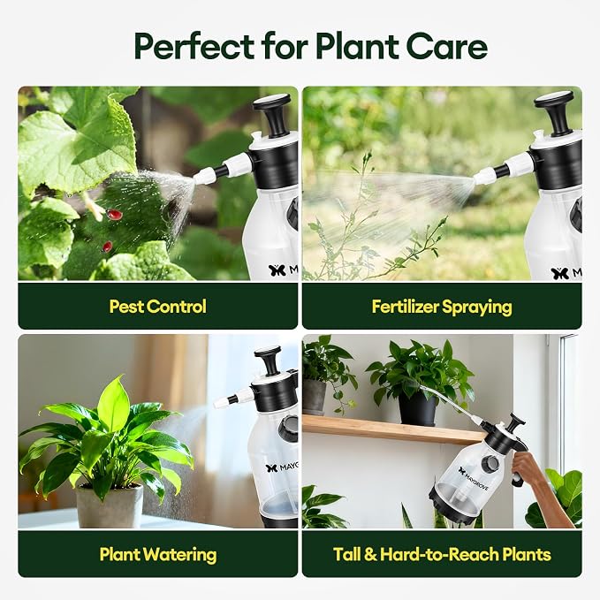 MAYGROVE 50oz Pump Sprayer, Hand Water Spray Bottle | Clear Plant Sprayer with Side Filling Port, Measuring Cup, Adjustable Nozzles, Safe Pressure Relief Valve for Indoor Plant