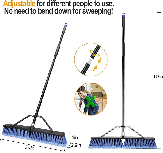 24 inches Push Broom Outdoor for Deck Driveway Garage Yard Patio Concrete Floor Cleaning-Blue-2 Pack