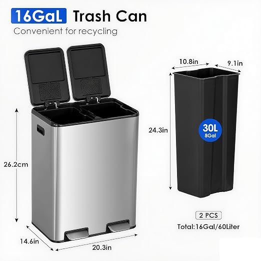 13 Gallon Automatic Kitchen Trash Can with Lid (Double-Pedal Sliver, 16, Gallons)