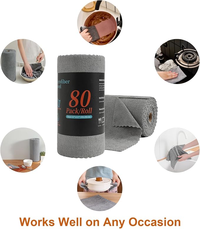 80 Pack Microfiber Cleaning Cloth Roll,Lint Free Rags & Tear Away Reusable Towels Washable Scratch,Ultra Absorbent Dish Rags(12" x 12") for Car Kitchen Home Garage-Dark Gray
