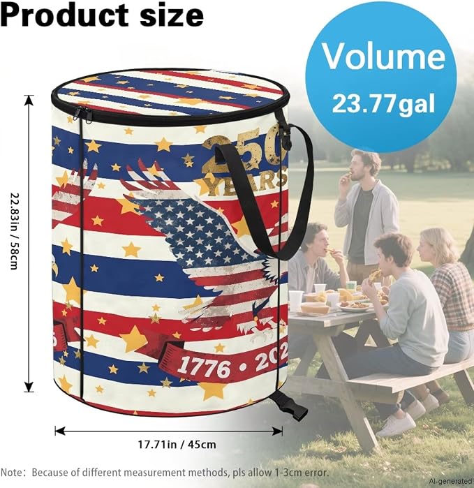 American Eagle Collapsible Trash Can for Outdoor 24 Gallon Foldable Garbage Bin with Lid, Heavy Duty Waterproof Trash Bag Holder for Camping, RV Travel, 4th of July Decor,