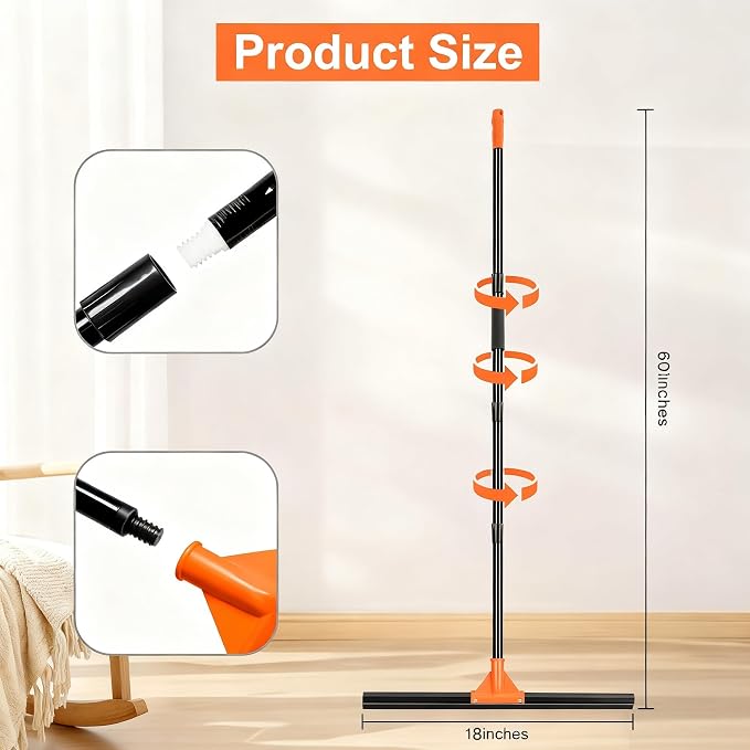 BUVE 18" Heavy Duty Floor Squeegee for Concrete Water Removal | Double-layer Rubber Wiper Broom|60" Long Metal Handle for Concrete Tile Garage Deck Bathroom Kitchen Pool|Orange