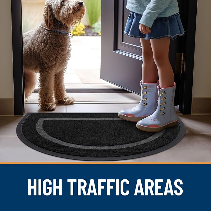 OLANLY Half Circle Front Door Mat Outside 47x32 All-Season Rubber Doormat | Black, Absorbent, Heavy-Duty, Stain and Fade Resistant, Waterproof Non-Slip Backing, Low-Profile Indoor Outdoor Entryway Mat