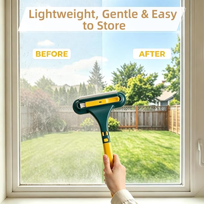 3-in-1 Window Screen Cleaning Brush with Squeegee, Mesh Screen Cleaner Tool with Detachable Handle, Dual-Purpose Wet & Dry Scrubber for Window, Patio, Door Screens (2 Pack – Lime Green + Blue)