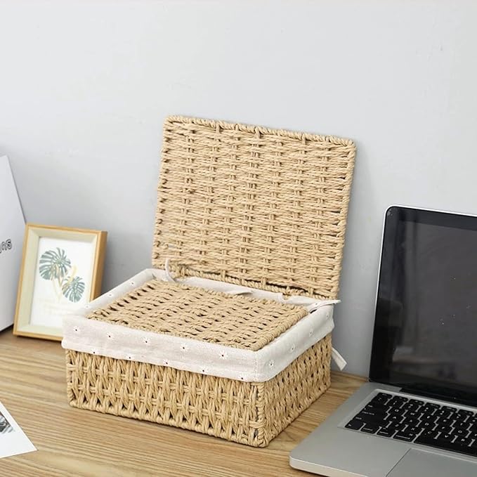 GIB Small Wicker Storage Baskets with Lid/Liner Woven Cute Decorative Boxes | Boho Paper Rope Baskets for Shelves Table Desktop Organizing, Bathrooom Makeup Organizer Storage Bins Container, Set of 3