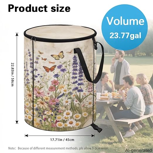 Daisy Butterfly Outdoor Trash Can with Lid Collapsible Camping Pop up Trash Can 24 Gallon Waterproof Foldable Garden Garbage Bin for Camping Hiking Backyard Parties 23 x 18 inch