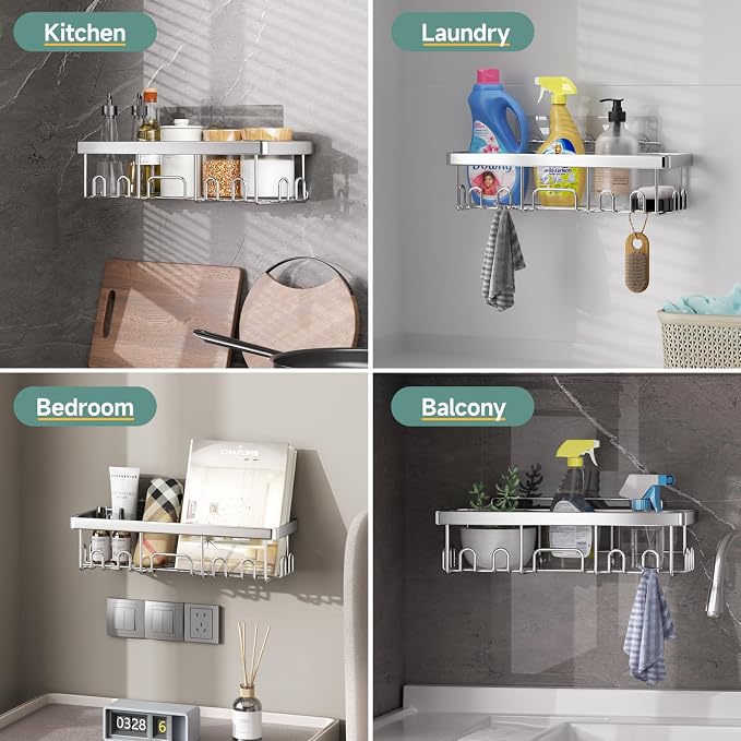 Veken Shower Caddy 5-Pack, Bathroom Organizers and Storage Shelves, Silver | Advanced Rustproof Design, Large Capacity, No Drilling, Adhesive Rack with Soap Holder, Wall-Mounted Kitchen & Home Decor