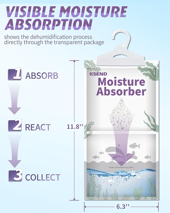 Ksend Moisture Absorbers 8 Packs - 9.8 oz Dehumidifier Bags, Portable Moisture Hanging Bags for Closet, Bathroom and Kitchen, Fragrance Free, 11.8'' x 6.3'' | Closet, Bathroom, Kitchen, Compact Hanging Bag, Odor Eliminator, Humidity Absorber, 9.8 OZ