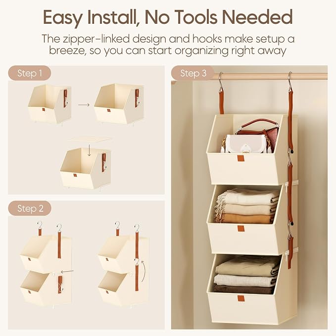 Collapsible Hanging Closet Organizer - 6 Tier Closet Shelves Storage System with Hooks, Fabric Hanging Storage Bins for Clothes, Foldable Storage Basket for Laundry, Bedroom, Rv, Beige