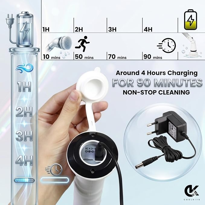 Electric Spin Scrubber, Full-Body IPX7 Waterproof Cordless Bathroom Scrubber, Adjustable Extension Handle, Shower Cleaner Brush for Bathtub Tile Grout Floor Wall, 4000mAh, 6 Brush Heads.