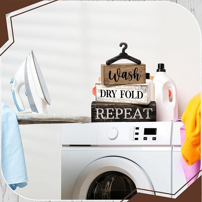 Moucuny 4 Pcs Farmhouse Laundry Room Decor Stacked Blocks Rustic Home Decor | Wash Dry Fold Repeat Blocks Sign, Funny Laundry Accessories, Housewarming Gift, Tabletop Display for Home Decor