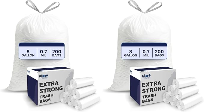 Plasticplace 8 Gallon Trash Bags -White Drawstring Garbage Can Liners - Leak-Resistant and Tear-Proof for Kitchen, Bathroom, Office, and Small Trash Cans 0.7 Mil- 200 Count (Pack of 2)