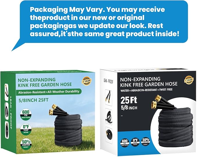 25 FT Garden Hose, Non-Expanding Water Hose, Ultra Flexible, Burst-Resistant, Kink-Free, High-Pressure Garden Hose for Easy All-Weather Use on Lawns, Gardens, and Outdoor Cleaning