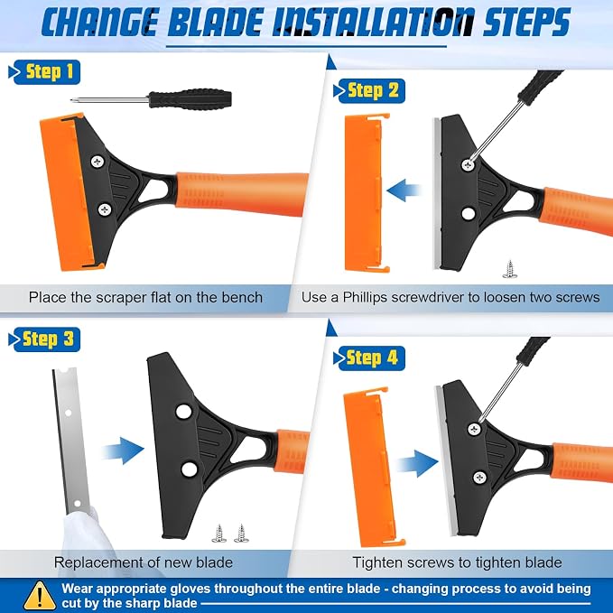 Heavy Duty Floor Scraper with Long Handle,4 Inch Razor Blade Scraper Tool | Cleaning Popcorn Ceiling Wall Glass Windows Gum Paint Tile Glue Linoleum|45.7IN Handle|10PCS Extra Metal Blades|Orange