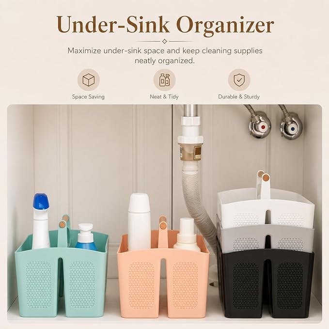 Haundry Plastic White Shower Caddy Basket with 3 Compartments, Portable Divided Bathroom Cleaning Caddy Organizer Storage Tote with Handle for Dorm, College, Room Essentials