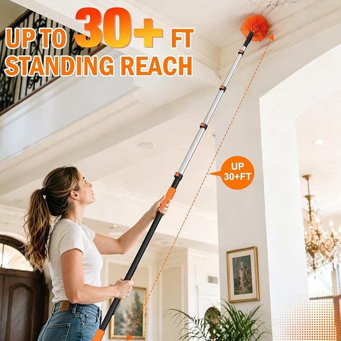 LAANPOLE 36FT High Reach Duster Cleaning Kit with Extension Pole, High Ceiling Fan Cleaner Duster Tool for Fan Blades, Window Washing Kit with Microfiber Feather Duster & Window Squeegee
