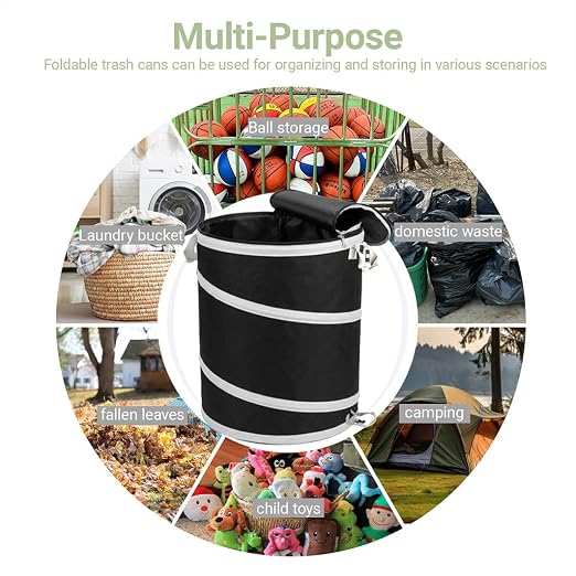 23 Gallon Compact Collapsible Trash Can 2 Pack, Pop Up Waste Container with Hard Plastic Base & Drain Holes, Portable Small Leaf Garbage Bin for RV Camping, Patio, Indoor Laundry & Small Yard Storage