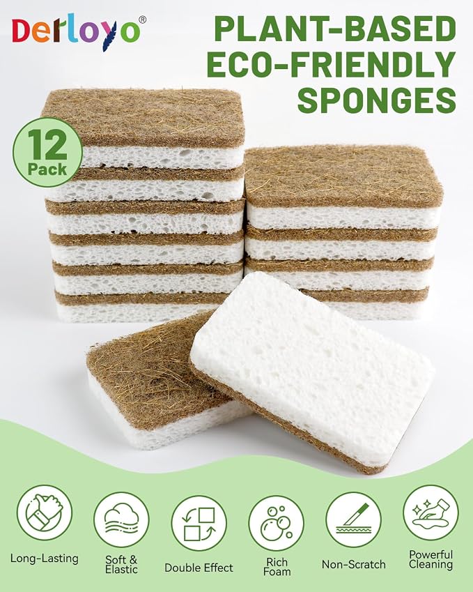 Natural Kitchen Sponges-12 Pack, Cellulose & Coconut Scrubber Dish Sponges | Biodegradable, Non-Scratch Cleaning, Plant-based, Compostable, Eco-Friendly, Sponges for Dishes, Pans, Pots