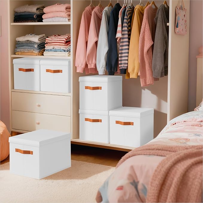 Storage Bins with Lids - Fabric Storage Baskets for Shelves, 8 Pack Foldable Decorative Boxes with Handles, Stackable Organizer Bins for Home, Nursery, Dorm, White