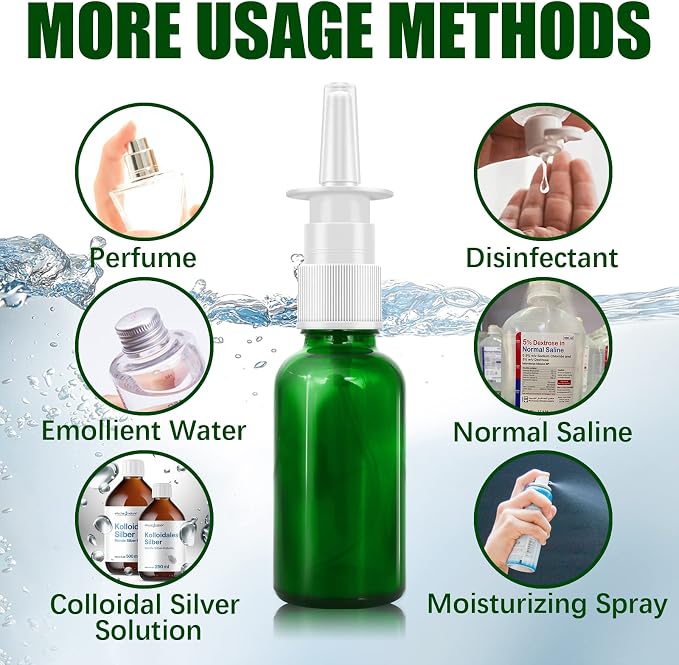 Cupohus Nasal Spray Bottle, 3 Pcs 30ML/1oz Green Glass Refillable Fine Mist Sprayers Atomizers, Travel Sized, Empty Nasal Sprayer with Funnels and Labels