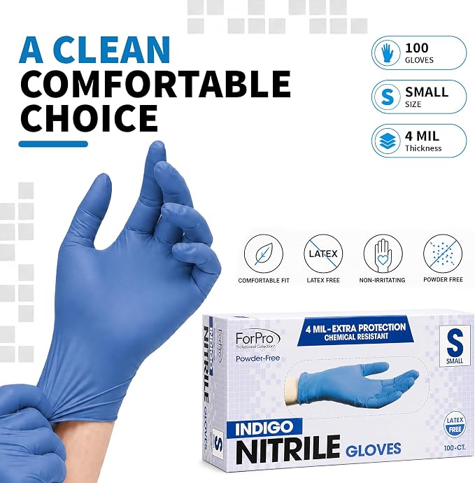 ForPro Disposable Nitrile Gloves, Chemical Resistant, Powder-Free, Latex-Free, Non-Sterile, Food Safe, 4 Mil
