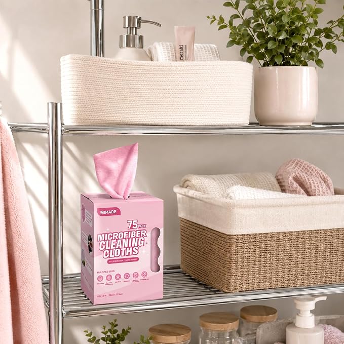 Microfiber Cleaning Cloth, 75 Sheets Microfiber Towels for Cars | Commercial Grade Washcloths Lint-Free Bulk Shop Towel Cleaning Rags for Household Restaurant Garage, 11"x 9", Pink