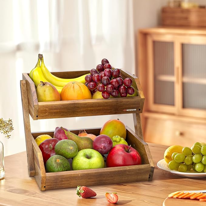 G.a HOMEFAVOR 2-Tier Acacia Wood Fruit Basket for Kitchen, Self-assembly | Large Fruit Bowl for Kitchen Countertop, Fruit Stand Storage Holder for Vegetables and Snack Home Organizer