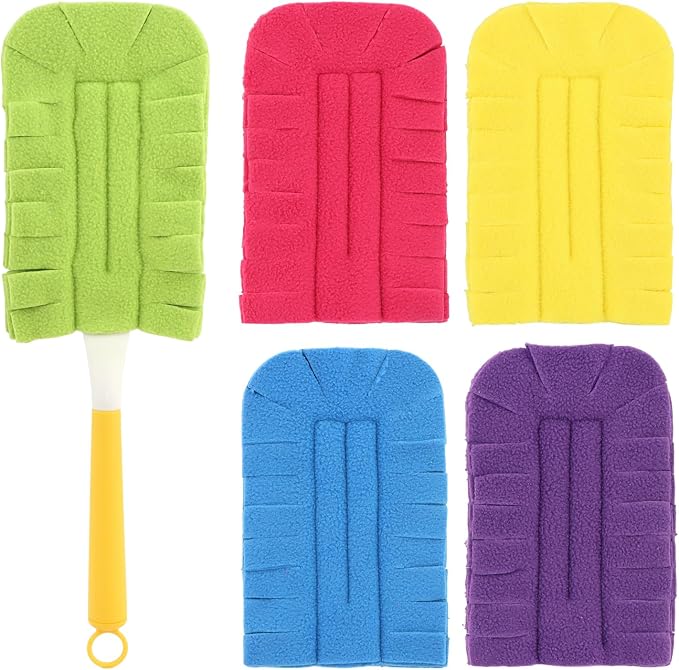 5 Pack Reusable Fleece Duster Refills, Washable Heavy Duty Duster Pads with Yellow Handle, 360 Cleaning Pads for Home Car Furniture Pet Household Use
