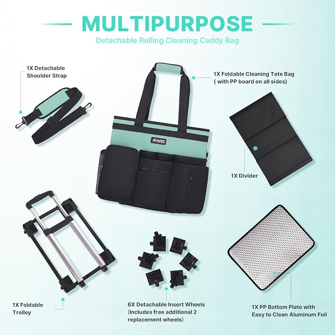 JKAOO Large Rolling Cleaning Caddy Bag with Detachable Trolley, Blue-Green | Waterproof Cleaning Caddy with Wheels, 40L Wheeled Organizer Cart for Supplies, Housekeepers, Home, Office, Car, Picnic