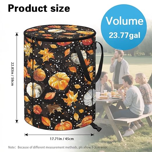 doginthehole Fall Maple Leaves Pumpkin Collapsible Trash Can Portable Tall Trash Can Recycling Bin 22.83x17.71 Outside Garbage Bin Storage Bag with Clip and Zipper Lid, Fall Decorations for Outdoor