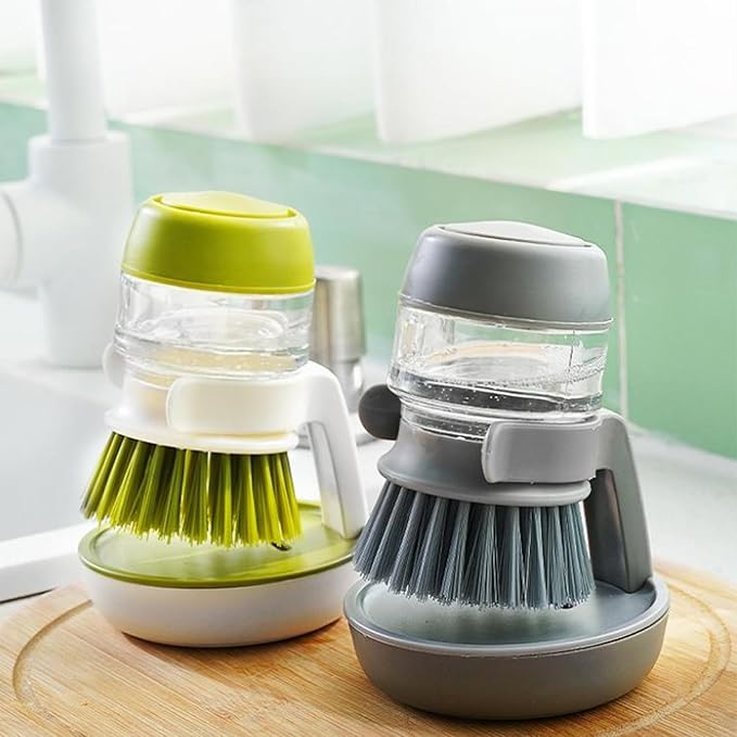 Dish Scrubber with soap Dispenser,ABS Bristle Material,Kitchen Brush with Holder for Pot Pan Sink Cleaning Green