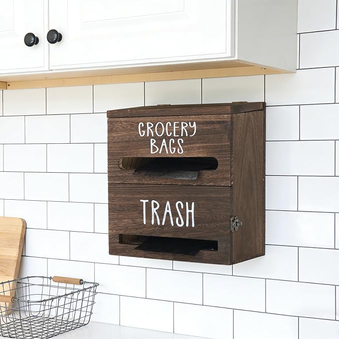 2 in 1 Trash Bag Dispenser, Double Wall Mounted,Wood Trash Bag Holder, used in kitchen, garage, laundry room, can store Environmentally friendly food bags and garbage bags(Dark Wood