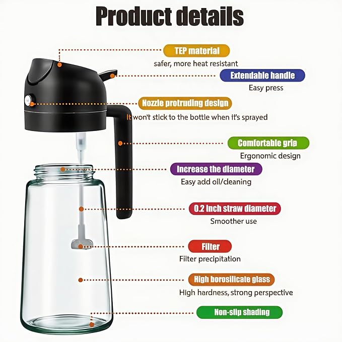 2 in 1 Oil Sprayer for Cooking, 16oz/470ml | Oil Dispenser for Kitchen Gadgets, Premium Food-Grade Oil Bottle, for Salad, Air Fryer, BBQ