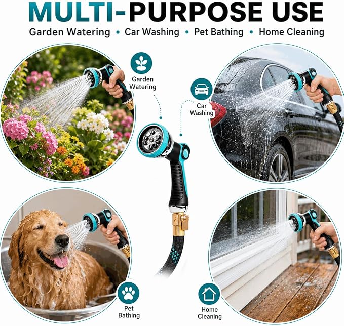 100ft Heavy Duty Garden Hose with Alloy Nozzle & Solid Brass Connectors – Lightweight, No-Kink Flexible Water Hose, 96-Spindle High-Density Weave, 12 Bar Non-Expandable TPE Core for Outdoor Yard